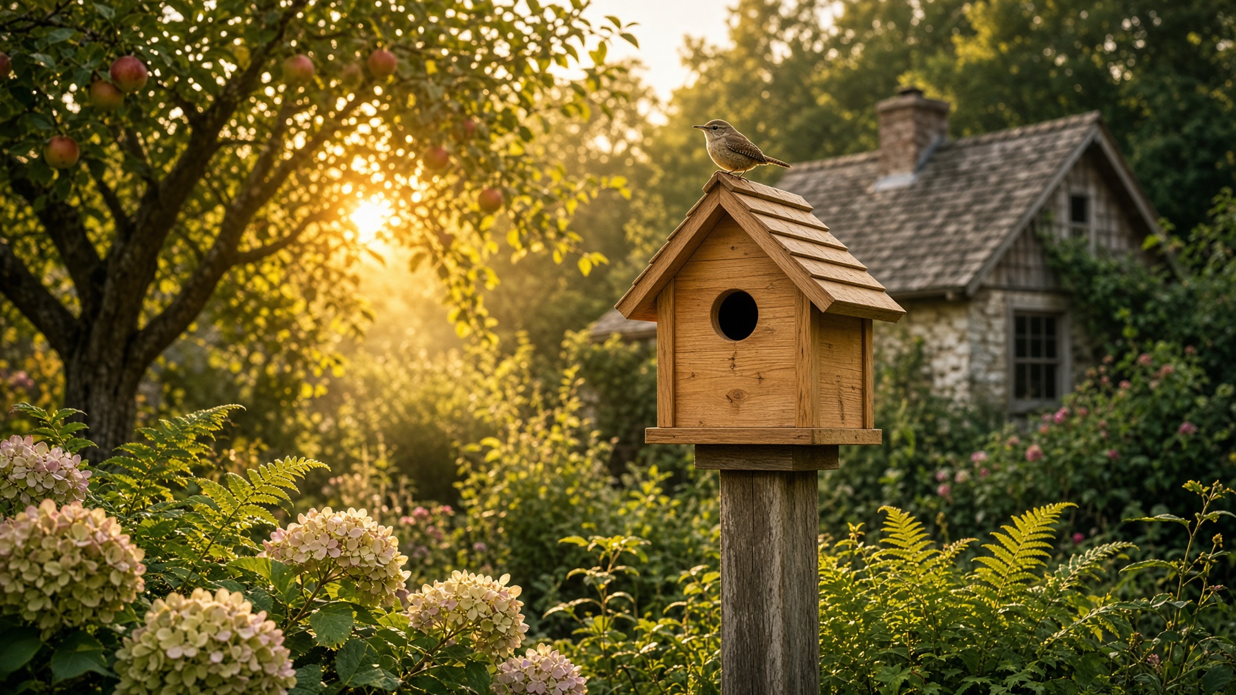A birdhouse in a New England garden at golden hour, with a house wren on the roof.