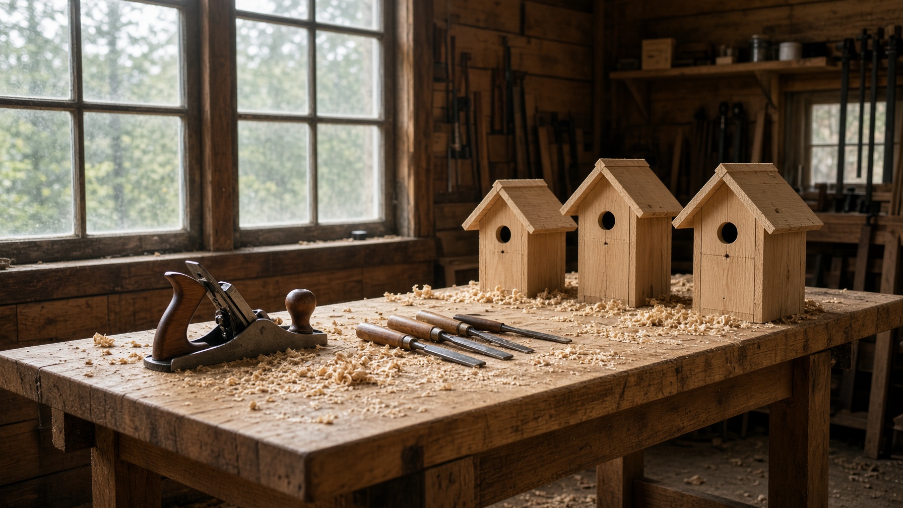 A New England woodshop workbench with unfinished birdhouses, a hand plane, and cedar shavings.
